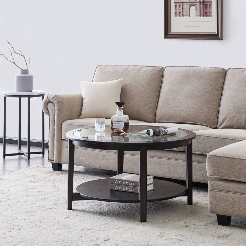 black coffee table with shelf,glass top