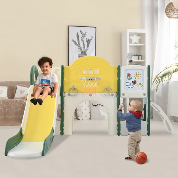 slide 2 of 18, Kids Slide Playset Structure 9 in 1,Spaceship Set with Slide,Arch Tunnel,Ring Toss,Drawing Whiteboard,Basketball Hoop