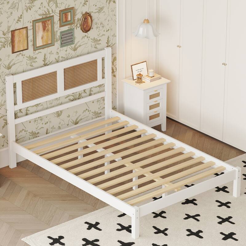 Modern Style Wooden Platform Bed with Rattan Headboard
