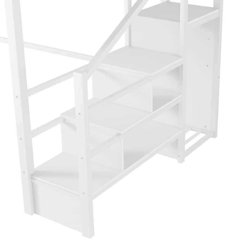 White High Loft Bed Frame with Storage Stairs and Wardrobe, Loft Metal Frame Bed with High House Shaped Guardrails for Kid Teens