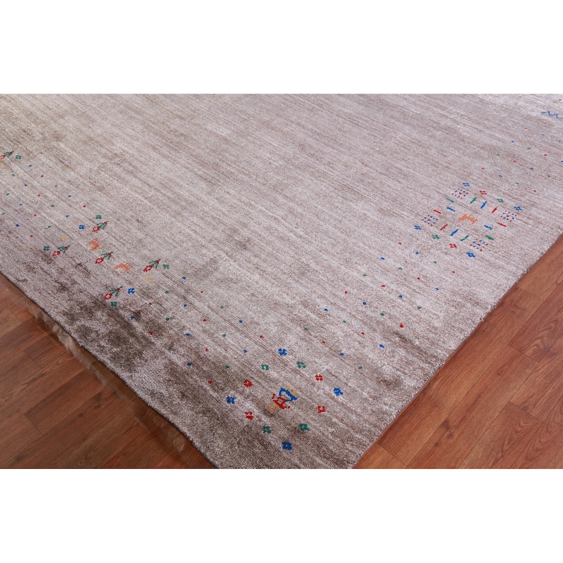 Hand Knotted Oriental Viscose Silk Carpet Tribal Stripe Brown Gabbeh Area Rug - 11' 8'' X 8' 11''