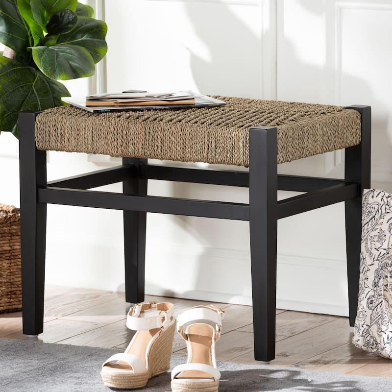 Amber Seagrass Accent Bench - Handwoven Natural Fiber Stool with Black Wood Frame, Compact Coastal Boho Seating