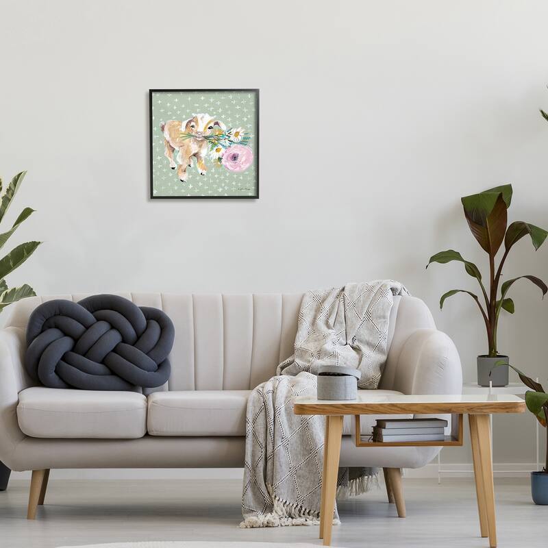 Stupell Attentive Buckling Goat Offering Flowers Studded Backdrop Framed Wall Art, Design by Jessica Mingo - Green