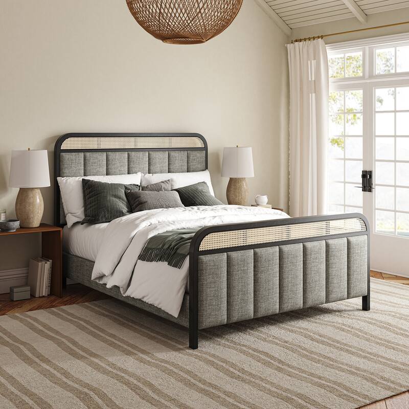 Alphons Modern Solid Wood Frame Ratten Bed with LED Headboard by HULALA HOME