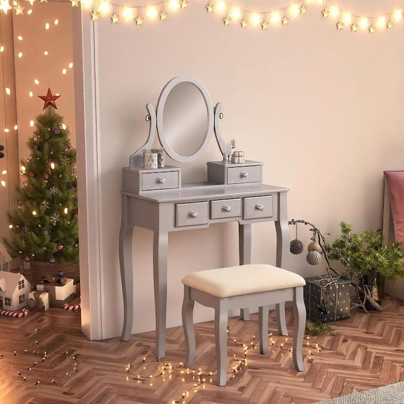 Roundhill Furniture Copper Grove Watt Wood Makeup Vanity Table and Stool Set