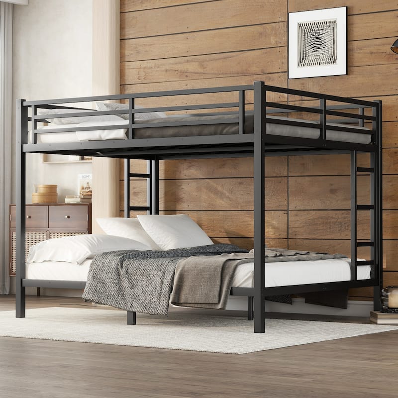 Roomfitters Queen over Queen Metal Bunk Bed, Heavy Duty Frame with Dual Ladders and Guardrails, Black - Black