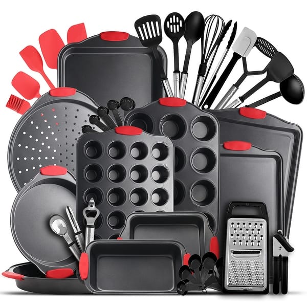 JoyTable 15 Piece Bakeware Set + 24 Piece Utensil Set - Stainless Steel, Non-Stick, Dishwasher Safe, and Heat Resistant - Black Bakeware Set + Black Utensil Set
