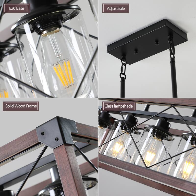 32" Red Wood Industrial Farmhouse Rectangle Pendant Light, 5-Light Chandelier with Lampshade for Dining Room, Kitchen Island