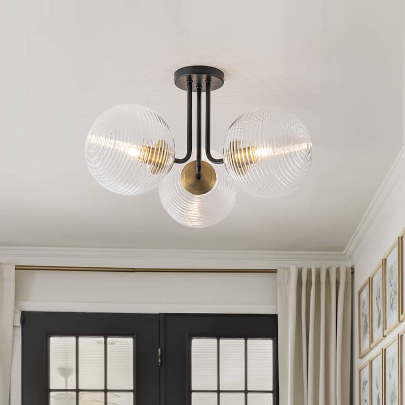 3 - Light 22'' Modern Sputnik Globe Glass Semi Flush Mount Light - Black Gold - Ribbed Glass
