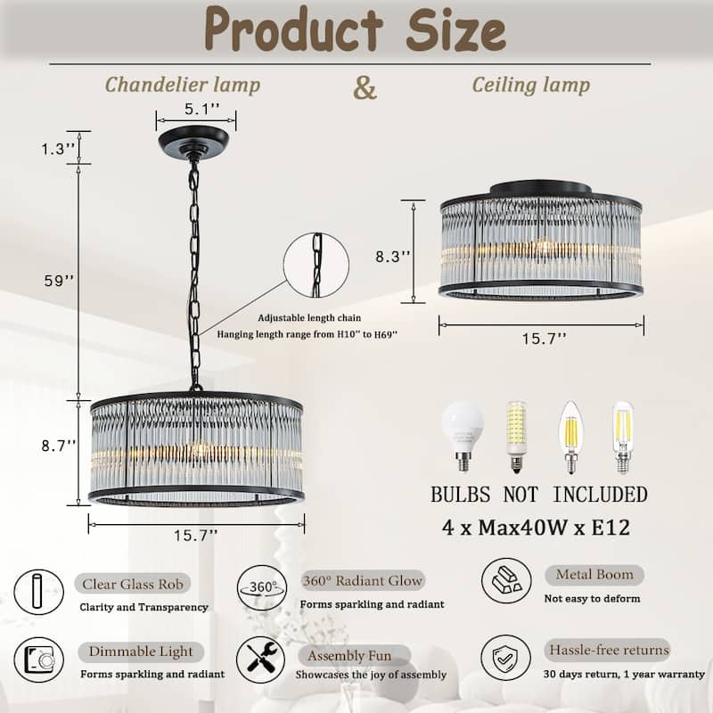 Modern Glam Black / Antique Bronze 4/10-Light Glass Drum Flush Mount Contemporary Ceiling Light For Living Room Entryway