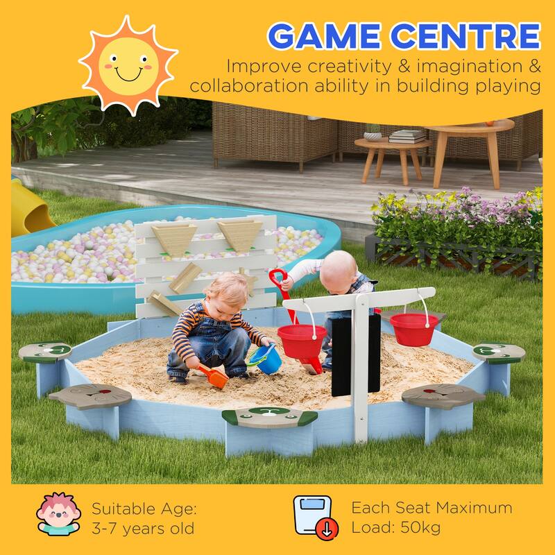 Large Blue Kids Sandbox with Seats Buckets and Play Accessories for Ages 3 to 7 Years - 85" L x 85" W x 24.75" H