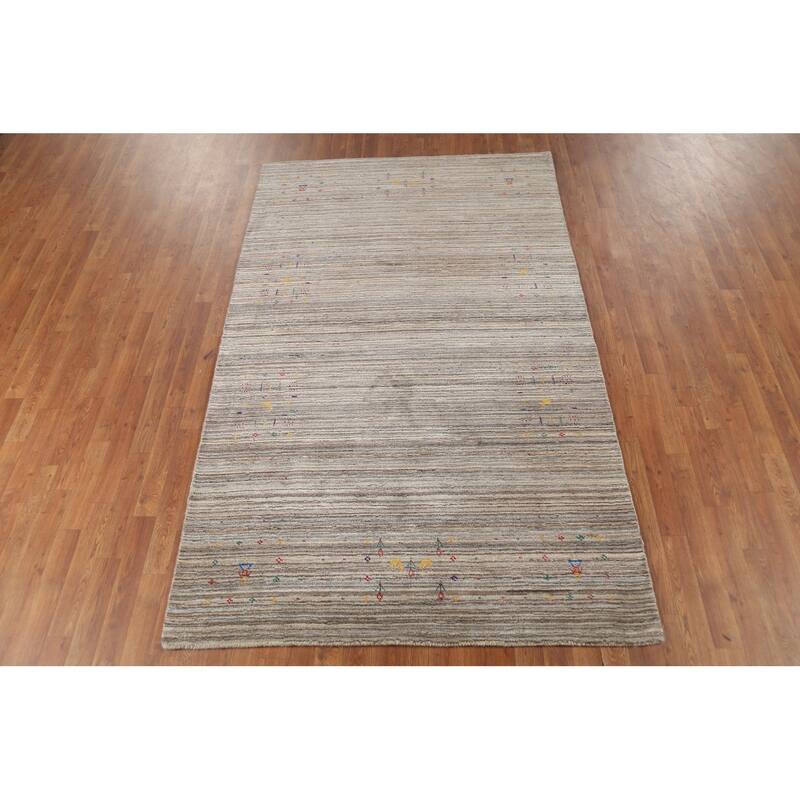 Striped Gabbeh Indian Area Rug Hand-Knotted Oriental Beige Wool Carpet - 4'11"x 7'11"