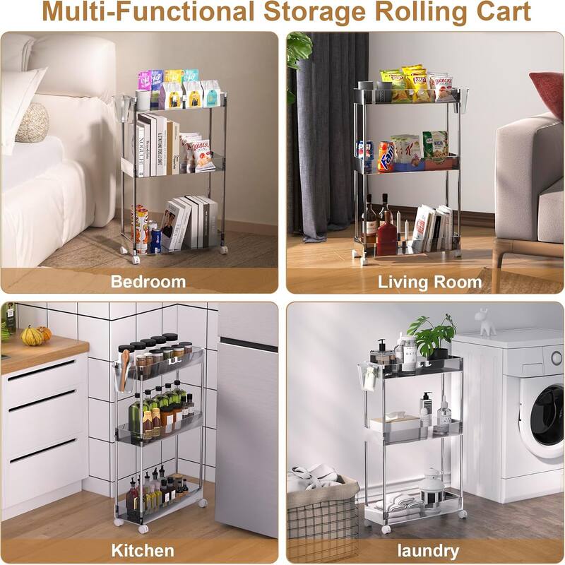 VECELO Small Rolling Cart, Storage Rack Trolley Cart, White Transparent Trolley Cart