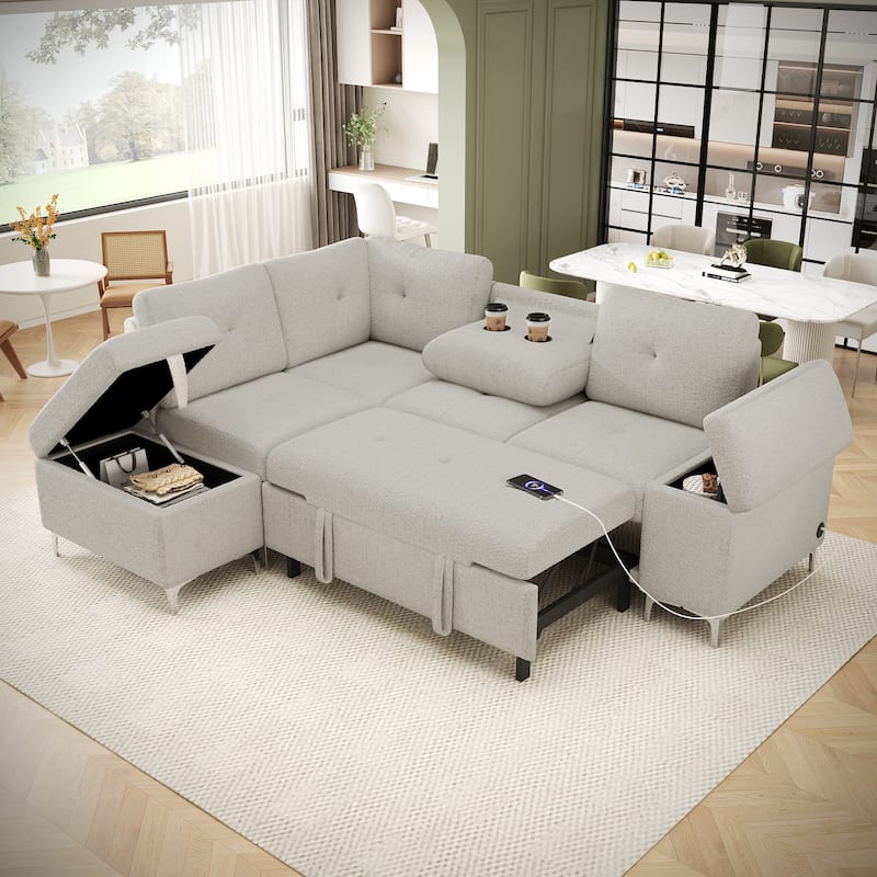 Upholstered L-Shaped Sleeper Sectional Sofa with Storage Space, 2 Cup Holders and 2 USB Ports Pull-out Sofa Bed - Beige