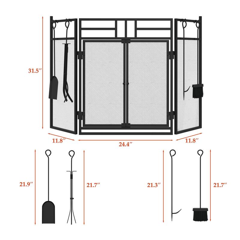 3-Panel Fireplace Screen with Doors and Tools Set, Wrought Iron Mesh Spark Guard for Indoor Fireplace Safety