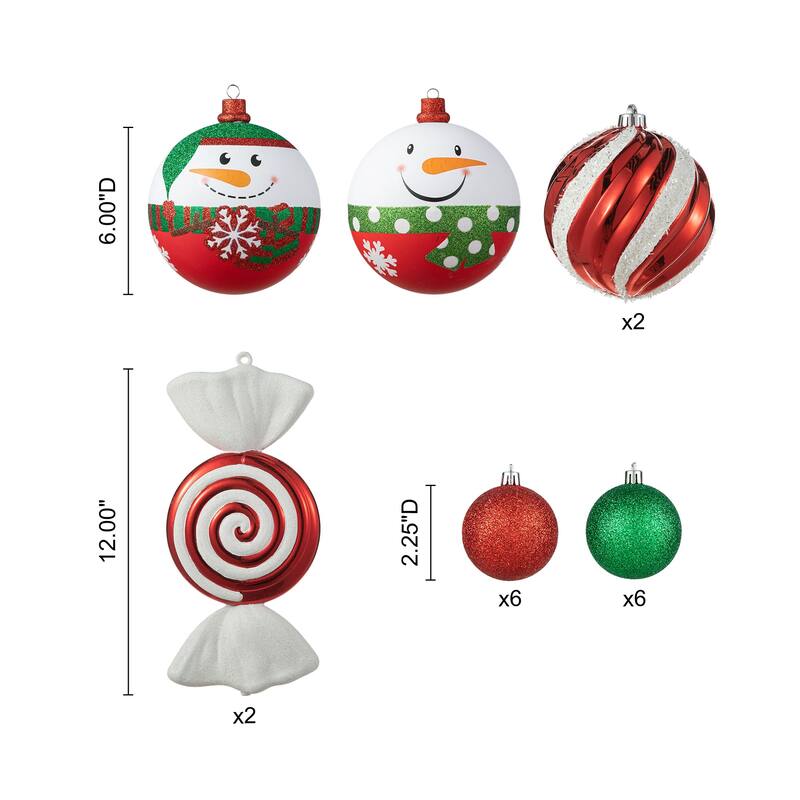 Glitzhome 18ct Christmas Tree Whimsical Red/ Green/ Silver Deluxe Large Ball Ornaments