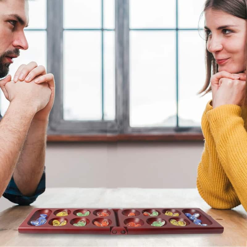 GSE™ Mahogany Folding Wooden Mancala Board Game with Multi-Color Glass Stones and Storage Bag