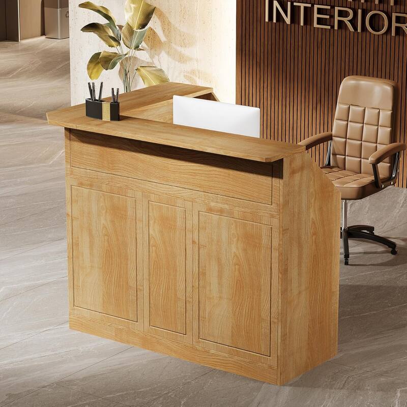 Reception Desk with Storage Shelves, L-Shaped Modern Front Desk