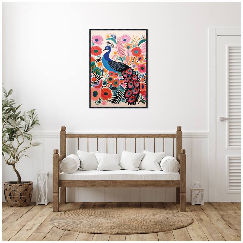 Kate and Laurel Bright Colorful Boho Peacock by The Creative Bunch Studio Framed Canvas Wall Art Print