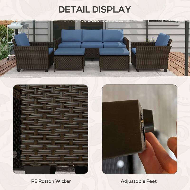5PC PE Rattan Patio Set, Armchairs, Footstools, Cushions