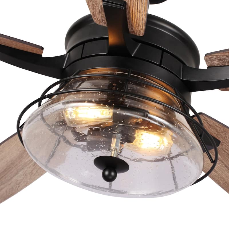 52" Industrial Seeded Glass Black Decorative Ceiling Fan with Remote and Light Kit