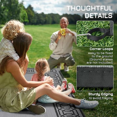 Reversible Outdoor Rug 9x12 Waterproof Plastic Straw Mat for Patio, RV, Camping, Picnic, Beach – Black and Gray Border