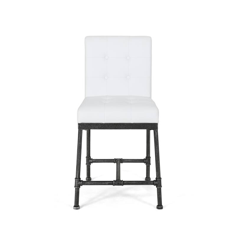 Modern Set of 2 Bar Stools with Button Tufted Leather Back, Upholstered Seat, Metal Legs for Kitchen Island Bar and Dining Room