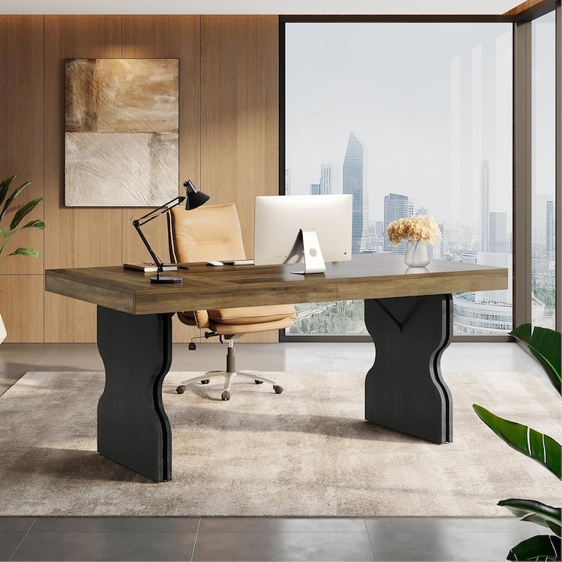 63-Inch Executive Desk, Computer Table with Hourglass Shape Legs