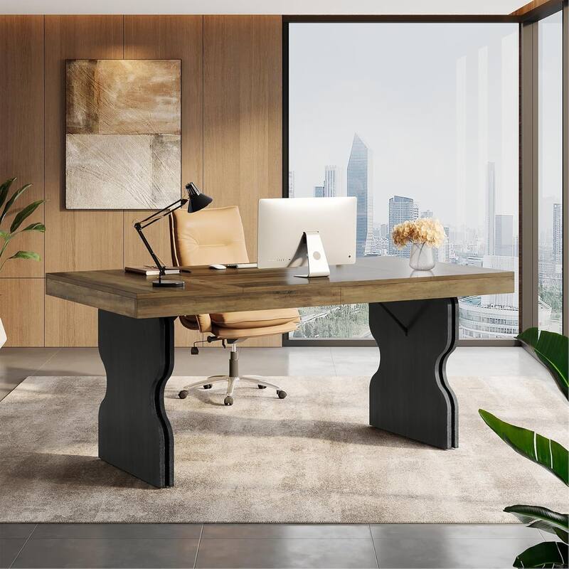 63-Inch Executive Desk with Hourglass Shape Legs, Computer Study Writing Table
