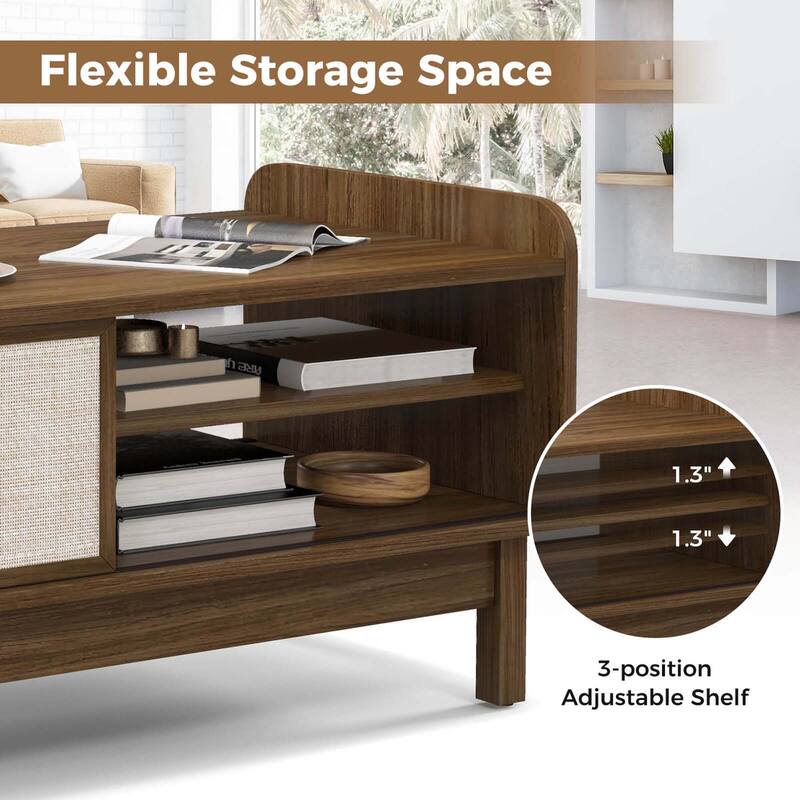 Costway Rectangular Coffee Table with Storage Weaving Sliding Door & - See Details