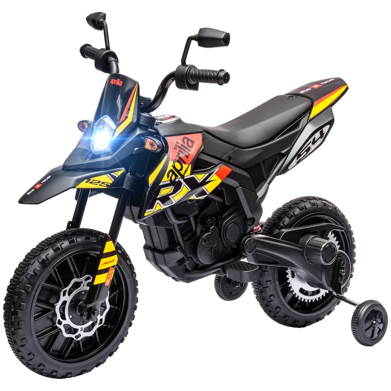 Aprilia Licensed 12V Kids Electric Dirt Bike with Training Wheels, Music, USB Port, and Headlight