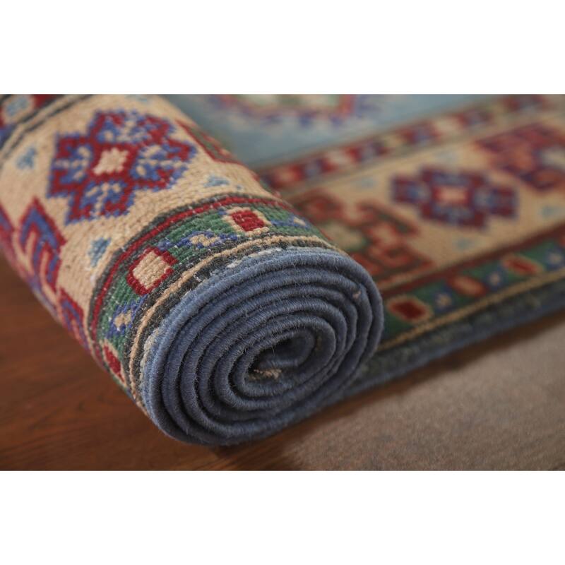 Hand Knotted Oriental 100% Wool Carpet Traditional Geometric Navy Blue & Blues Kazak Area Rug - 6' 4'' X 2' 9''