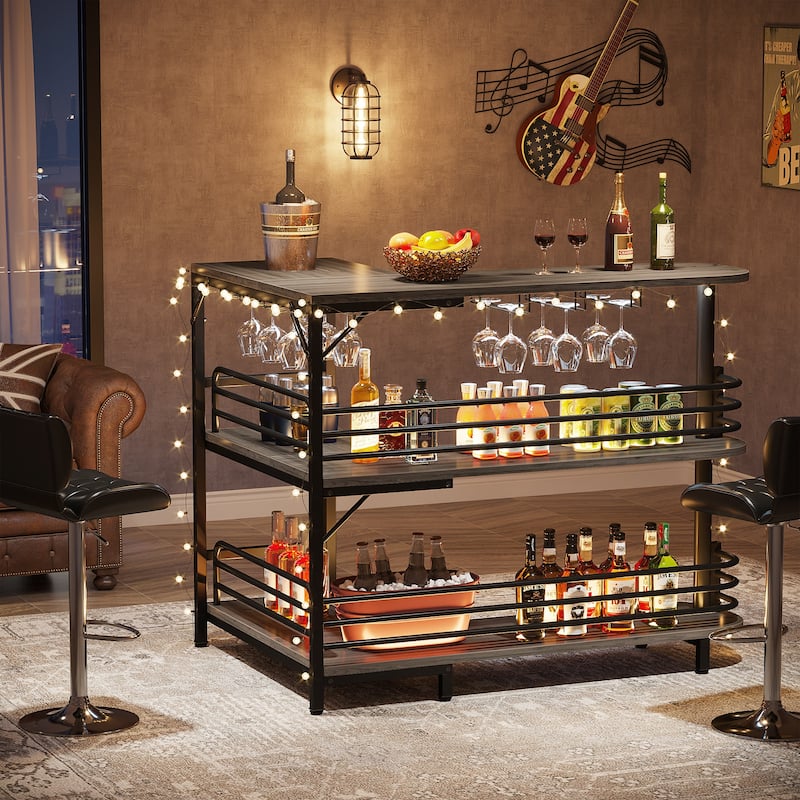 L-Shaped Home Bar Unit, 3 Tier Liquor Bar Table with Wine Glasses Holder, Corner Wine Bar Cabinet for Home Kitchen Pub