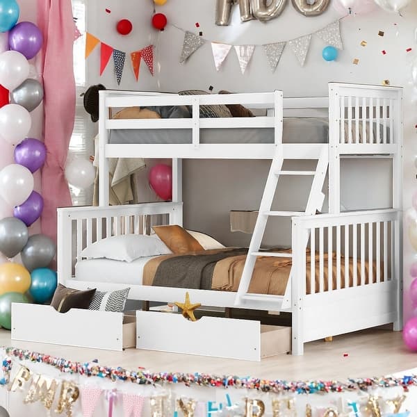 slide 2 of 77, Twin-Over-Full Bunk Bed with Ladders and Two Storage Drawers White