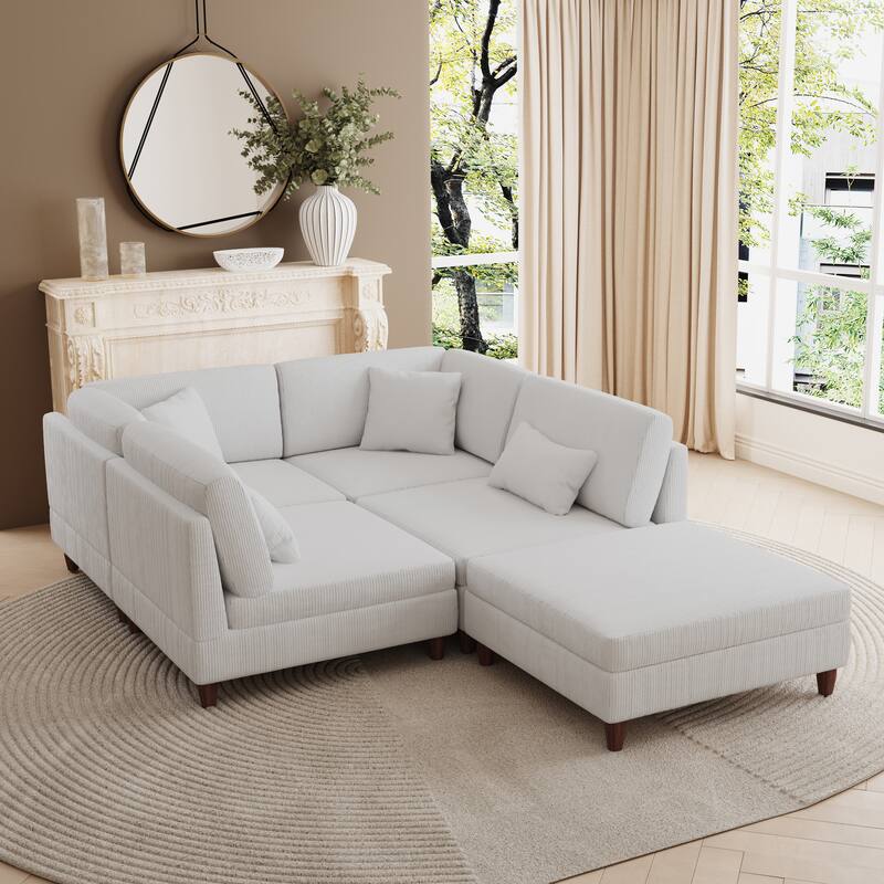 Corduroy Convertible Couch Modular Sectional Sofa with Ottoman