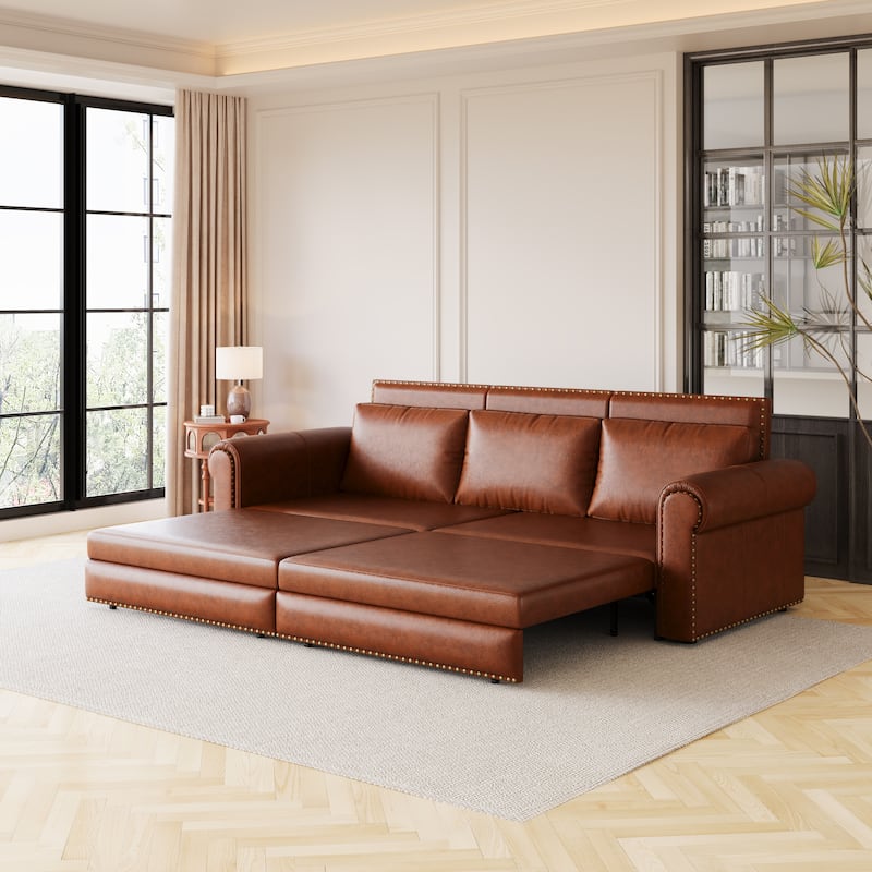 3-in-1 Faux Leather Convertible Loveseat Sleeper Sofa, 93.7" Oversized Pull Out Sofa Bed with Nailhead Trim & Rolled Arms