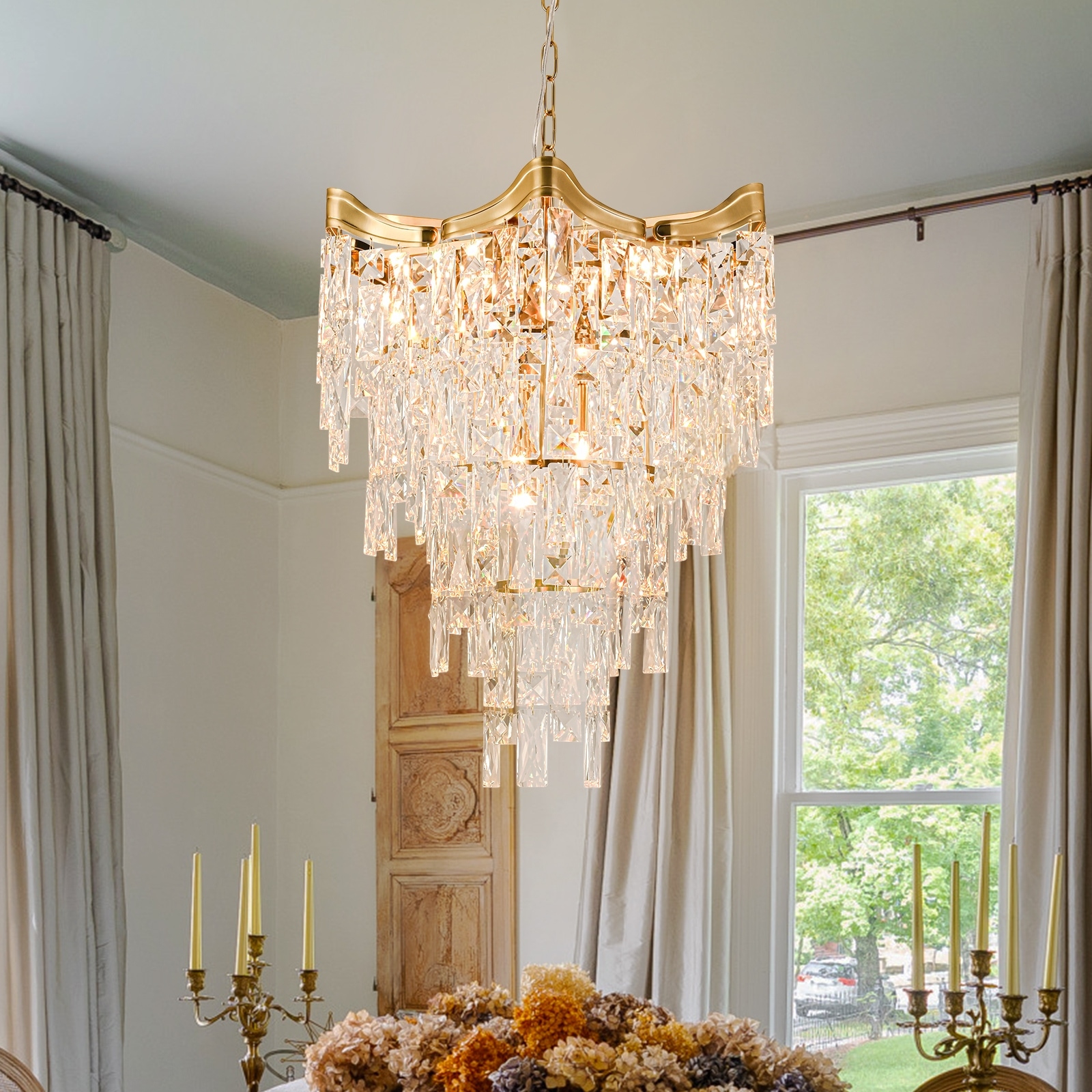 Large gold crystal chandelier top