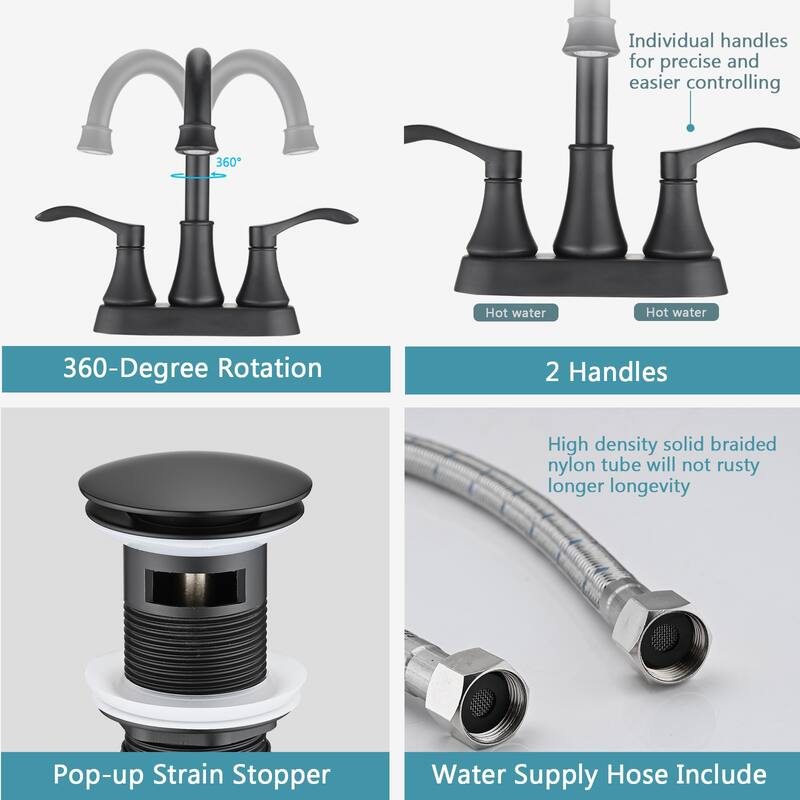 2 Handle 360 Degree Swivel Bathroom Sink Faucet with Pop Up Drain and No Drip Ceramic Valve Core, Rust Resistant