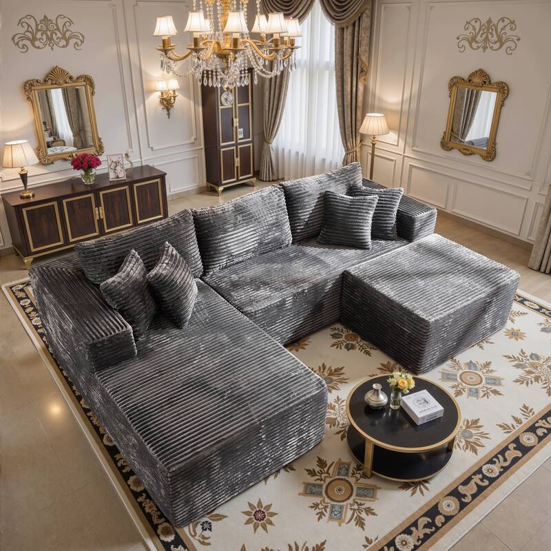 HOOOWOOO Modern Plush Corduroy L-shaped Sofa Chaise Lounge with Ottoman - Grey