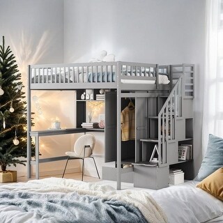 Playhouse Inspired Full size Loft Bed with Bookshelf, Drawers, Desk and Wardrobe, Sturdy Construction & Unique Design, Grey