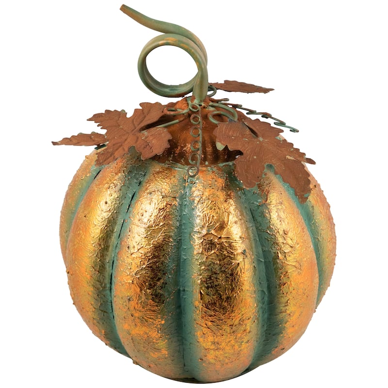 Fall Harvest Faux Copper Patina Metal Pumpkin Decoration - 13" - Bronze