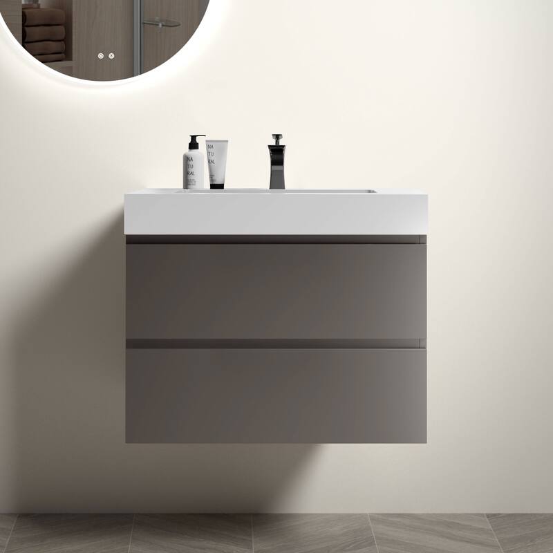 GDFStudio - Naomi Modern Floating Bathroom Vanity with Soft-Close Drawers and Pre-Assembled One-Piece Sink Basin - Gray - 30"