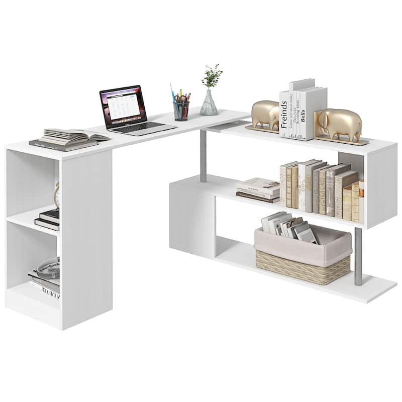 HOMCOM 55" Rotating Corner Computer Desk: L-Shaped Workstation, Storage Shelves