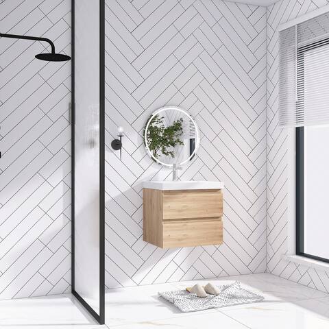 Angela Wall Mounted Bathroom Vanity in F. Oak with White Cultured Marble Top