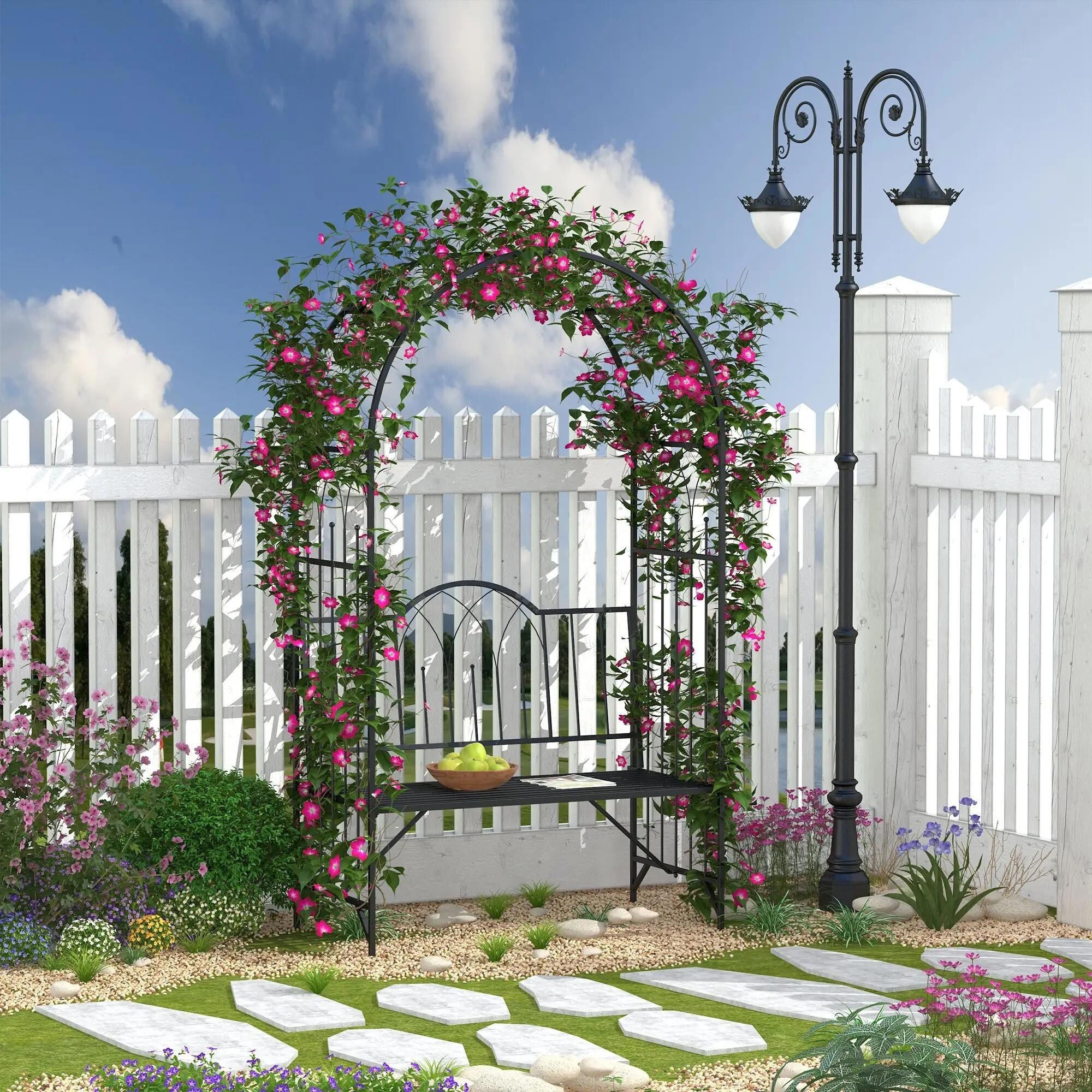 484lbs Metal Trellis Arbor Bench, Garden Patio Seating for 2 - Bed