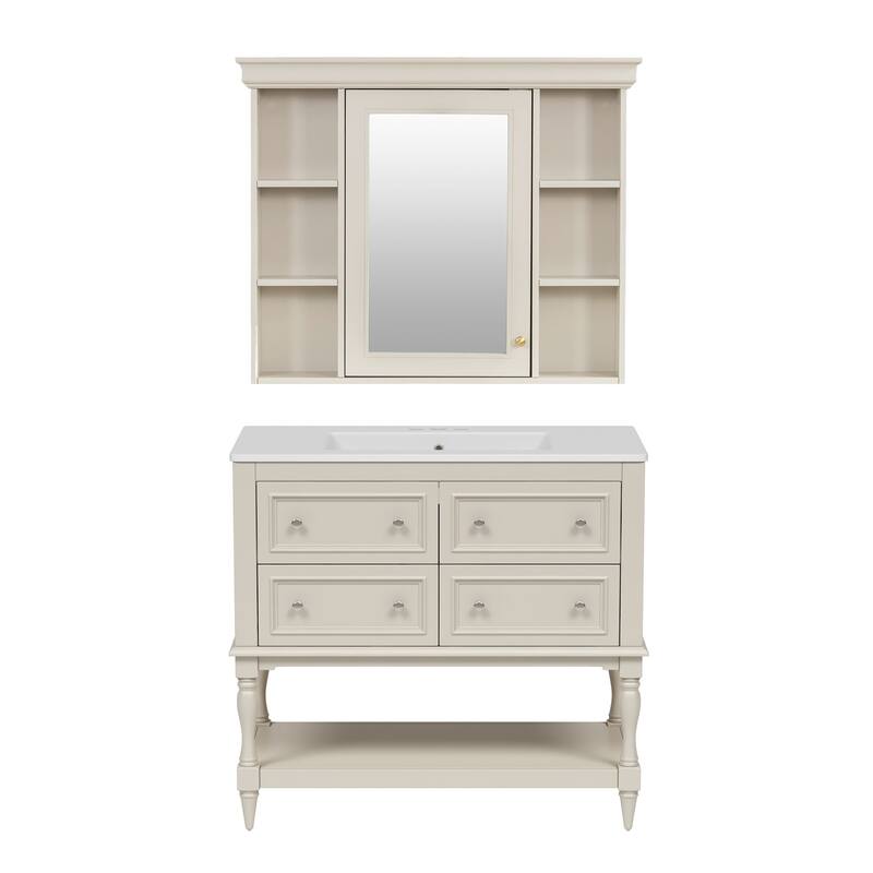 GDFStudio - Marquette Luxury Bathroom Vanity Set with Ceramic Sink, Mirror Medicine Cabinet and 4 Storage Drawers - 36'W