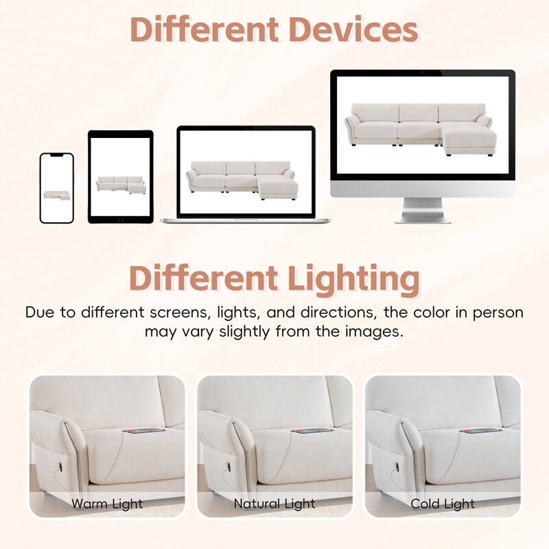 110 Inch L-Shaped Chenille Sectional Sofa with USB and Type-C Charging, Petal Armrests, Movable Ottoman for Living Room