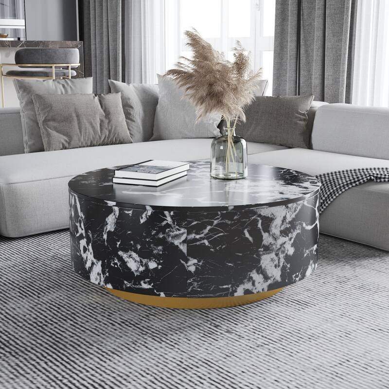 Modern Faux Marble Round Coffee Table Center Table with 2 Drawers, Fully Assembled - Black