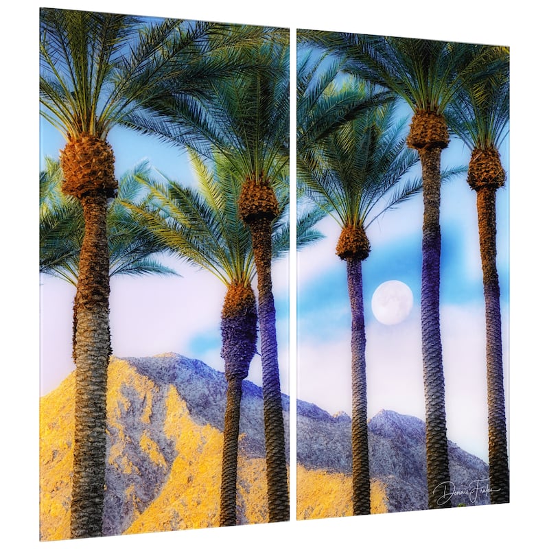 "Moonlit Oasis" Oversized 72"x 36" Frameless Free-Floating Reverse Printed Tempered Art Glass Panels Set