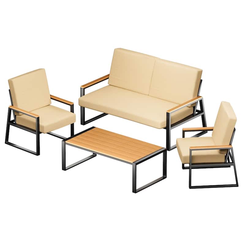 4-Piece Solid Wood Outdoor Patio Lounge Set with Removable Cushion Covers